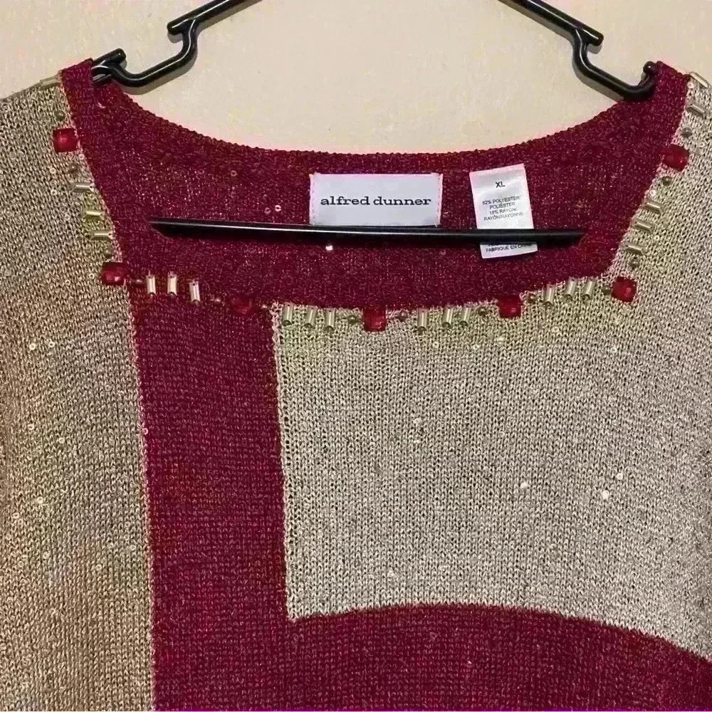 Alfred Dunner Sweater Women XL Red Gold Metallic Color Block Embellished Sweater - Picture 4 of 9
